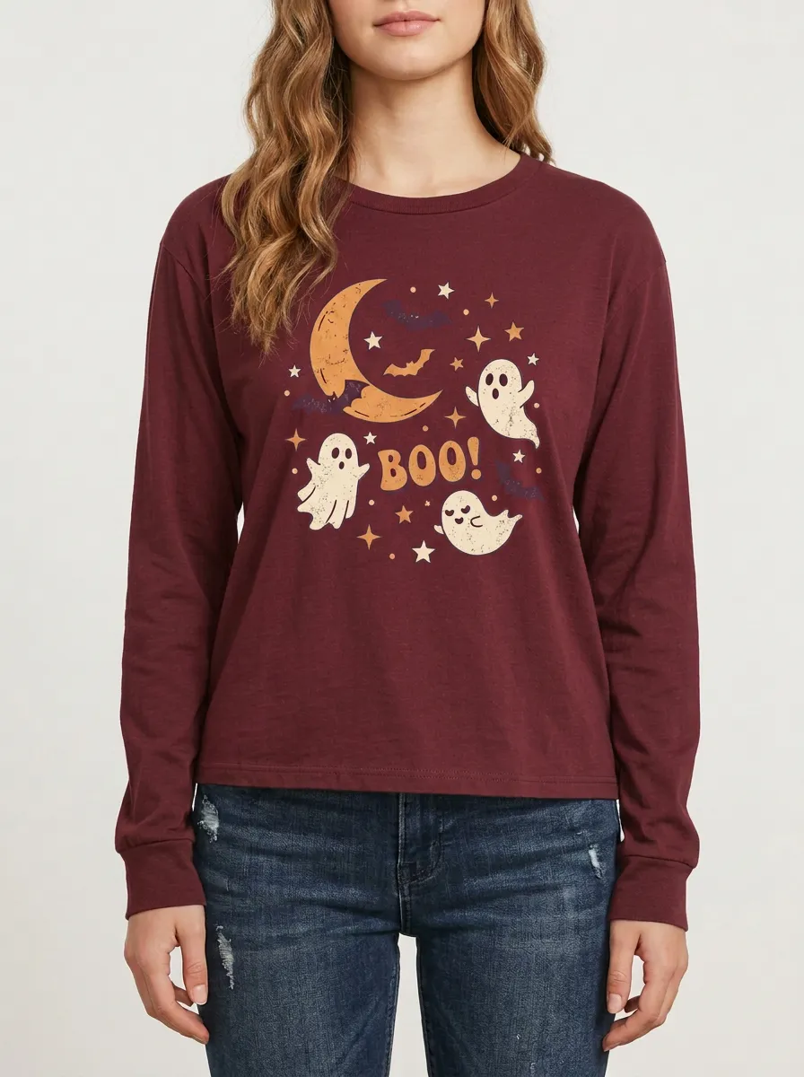 Women's Halloween Boo Ghost Moon Bat Printed Long Sleeve T-shirt