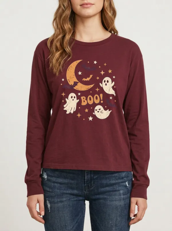 Women's Halloween Boo Ghost Moon Bat Printed Long Sleeve T-shirt