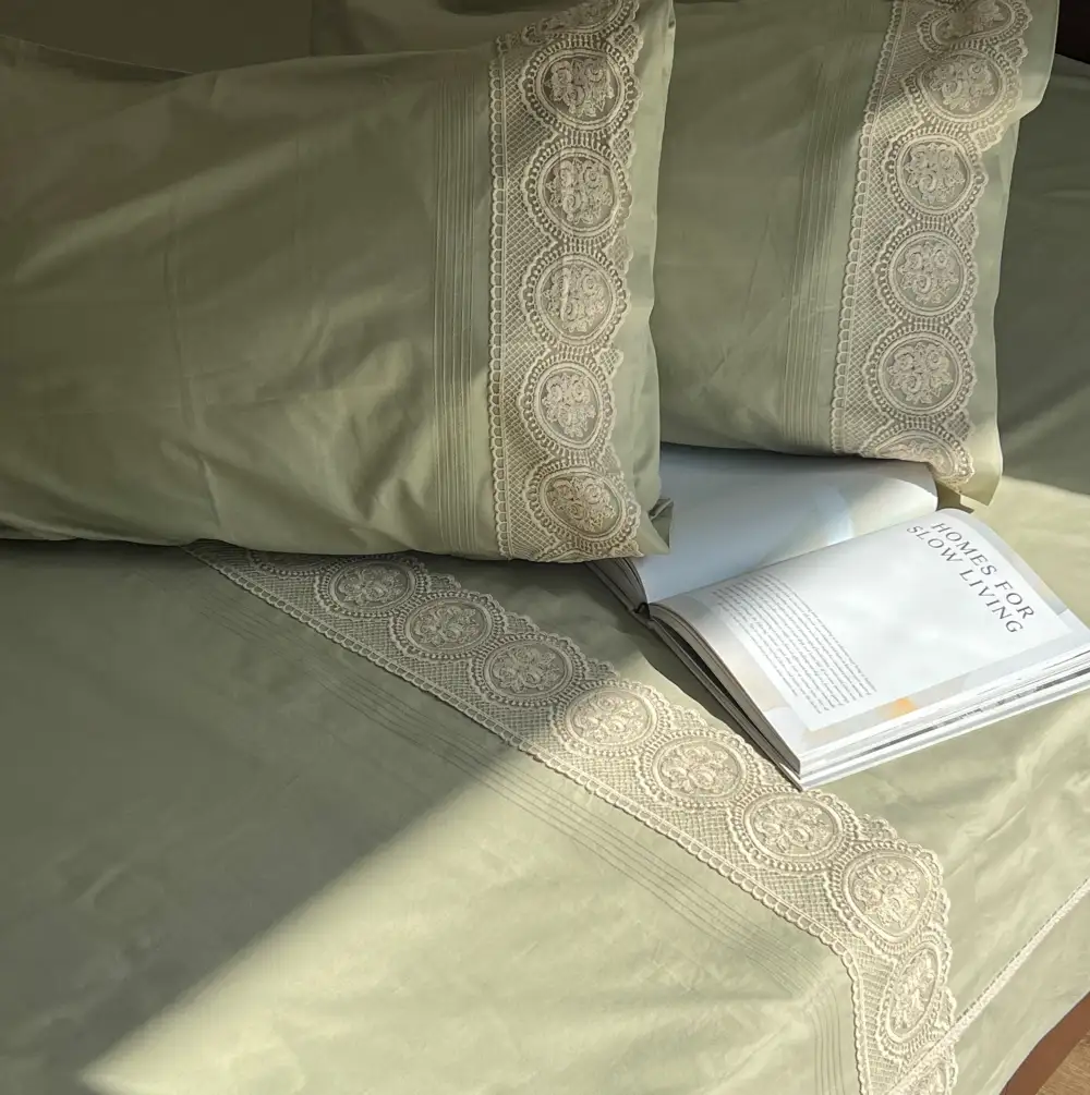 Forest Green Cotton Embroidered Lace Bed Sheet Set