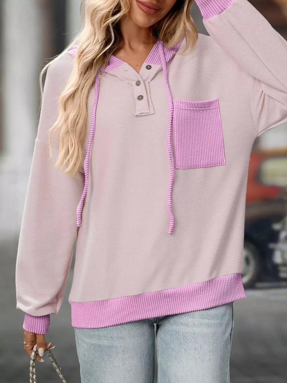 Refined Drawstring Buttoned Pocketed Colorblock Hoodie