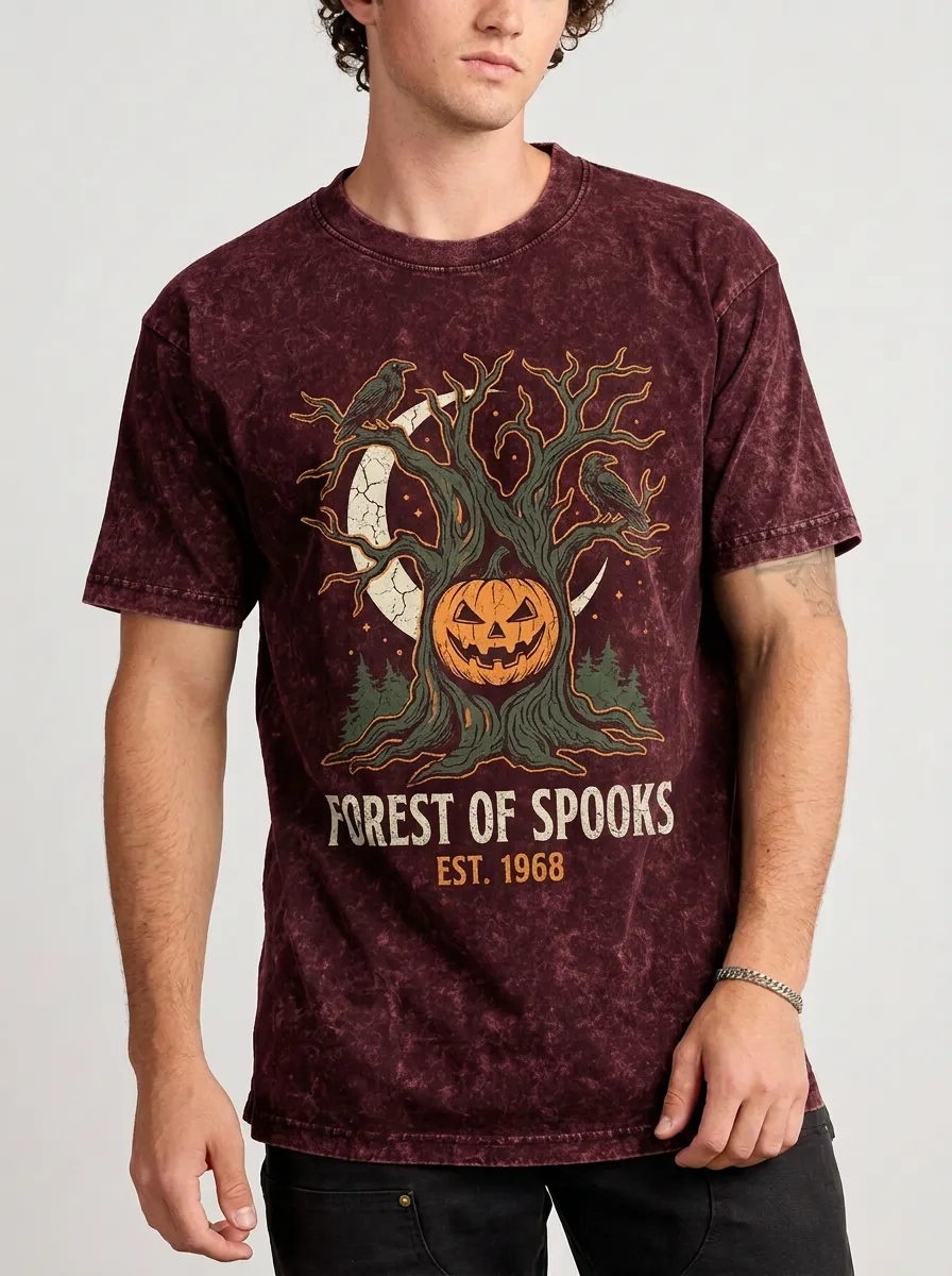 Men's Halloween Forest Pumpkin Raven Moon Printed T-shirt