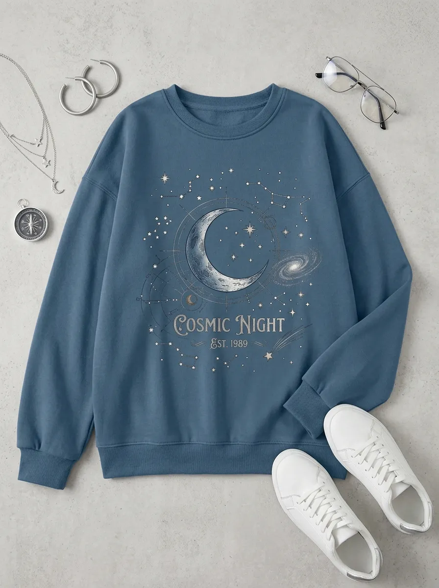 Women's Celestial Lover Cosmic Night Moon Stars Printed T-shirt