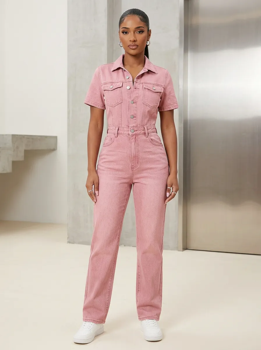 Pink Solid Button-Front Denim Jumpsuit