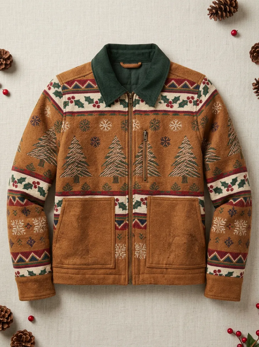 Unisex Christmas Tree Snowflake Holly Print Zip-up Jacket