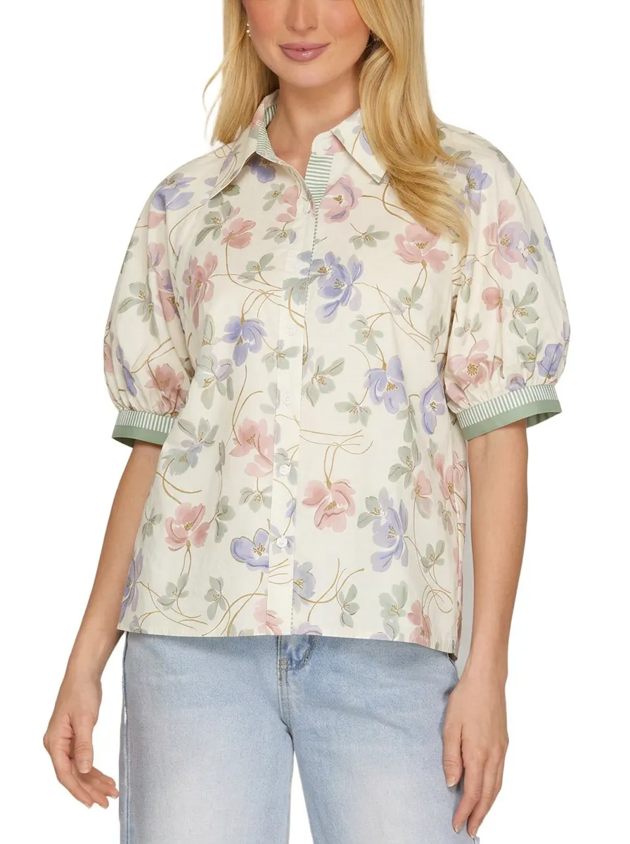 Women's Floral Garden Vintage Style Printed Puff Sleeve Shirt