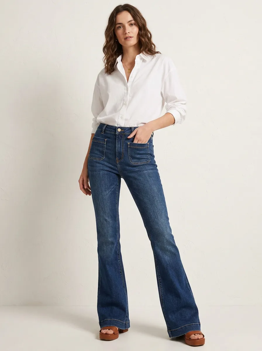 Women's Vintage Style High-Waisted Patch Pocket Flared Denim Jeans