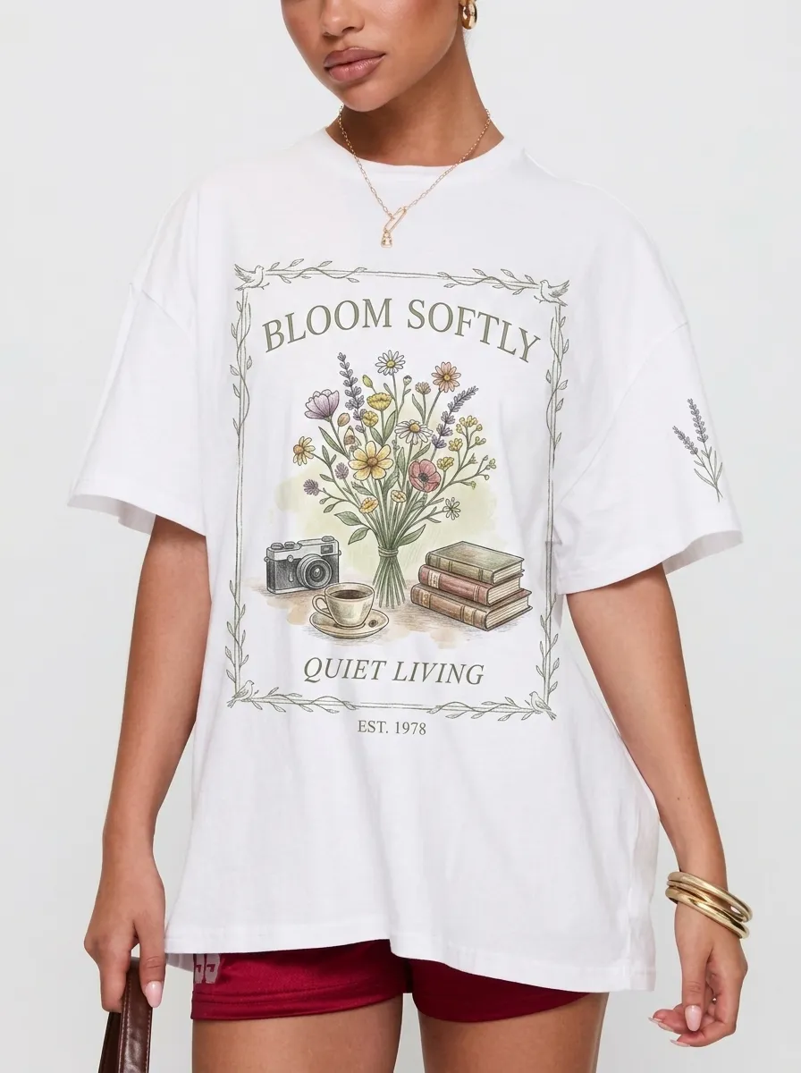 Women's Aesthetic Floral Camera Book Coffee Printed T-shirt