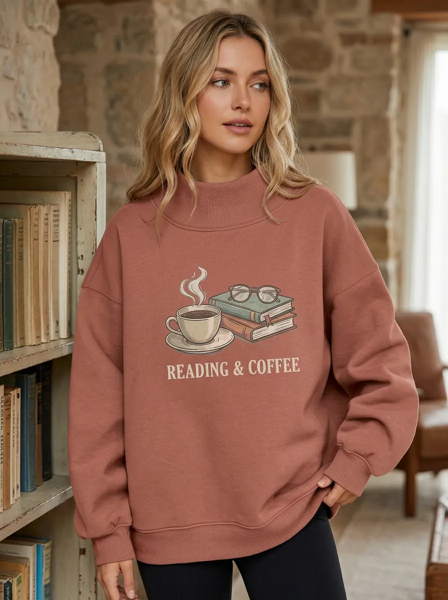 Women's Book Lover Coffee Reading Printed Sweatshirt