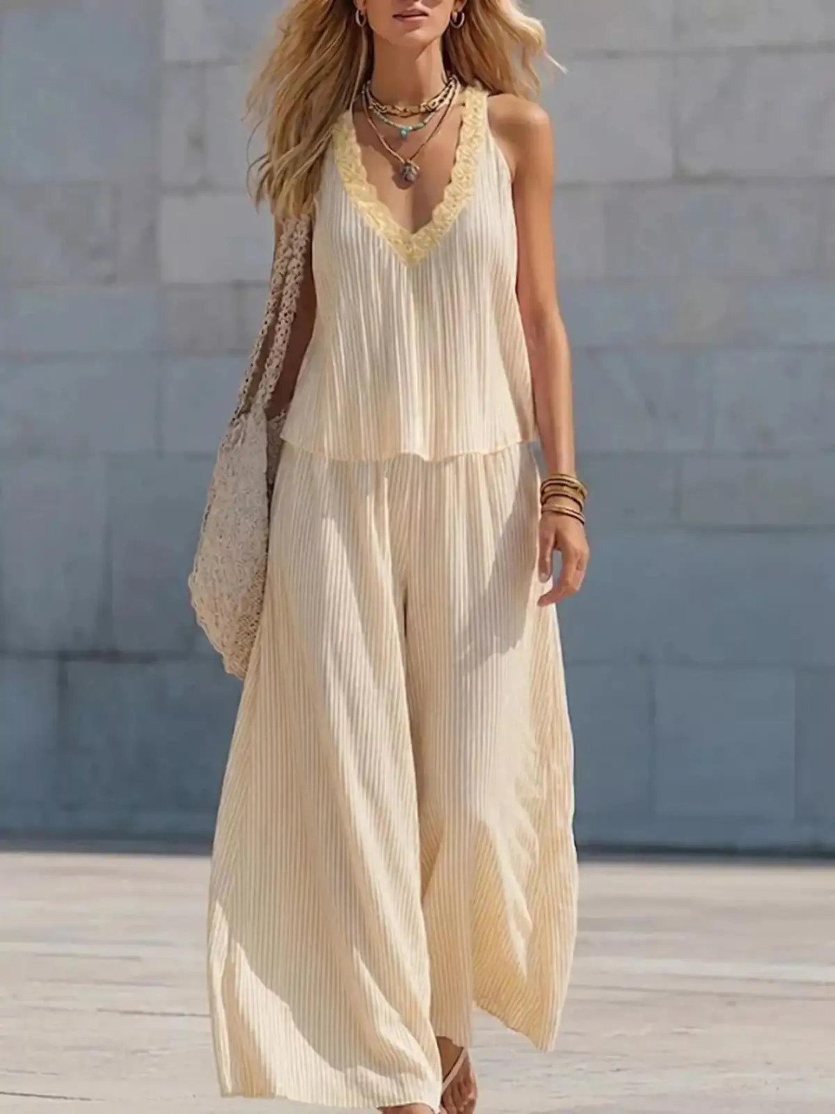V-Neck Lace Striped Pants Matching Set