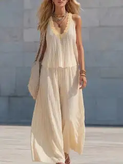 V-Neck Lace Striped Pants Matching Set