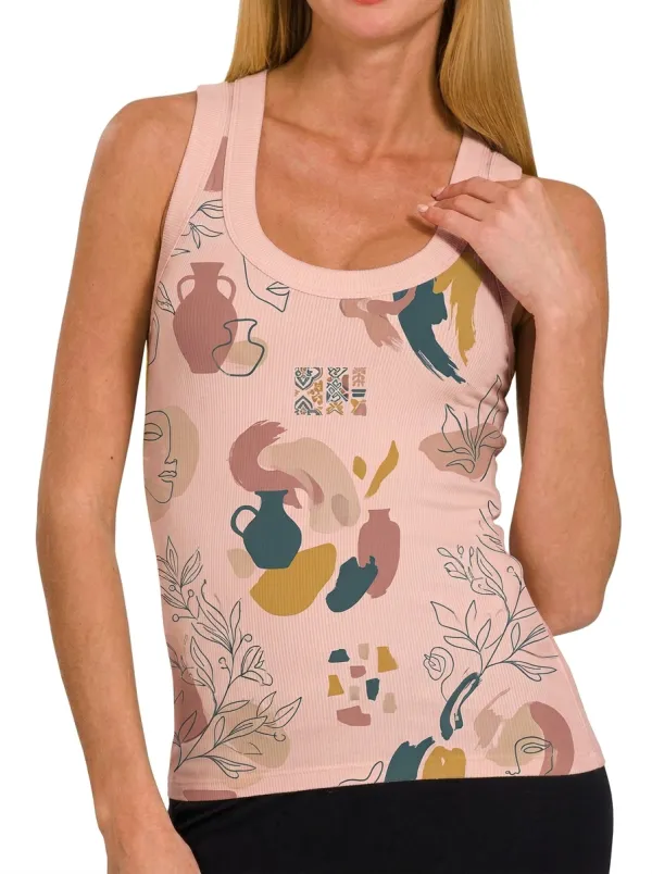 Women's Abstract Vase Botanical Art Printed Ribbed Tank Top