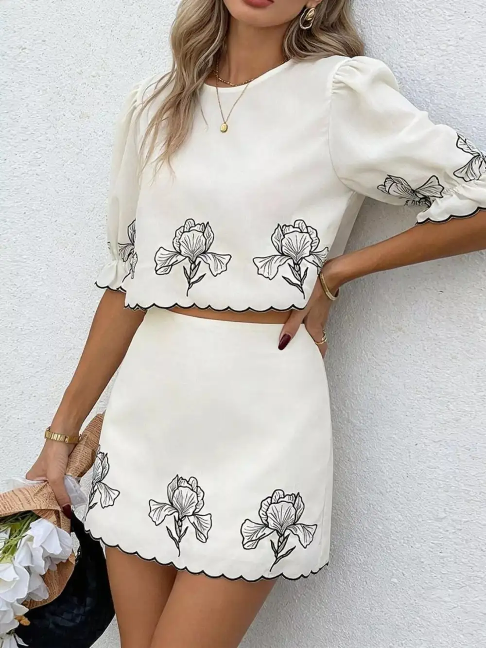 Versatile Floral Scallop Trim Top And Skirt Two-Piece Set