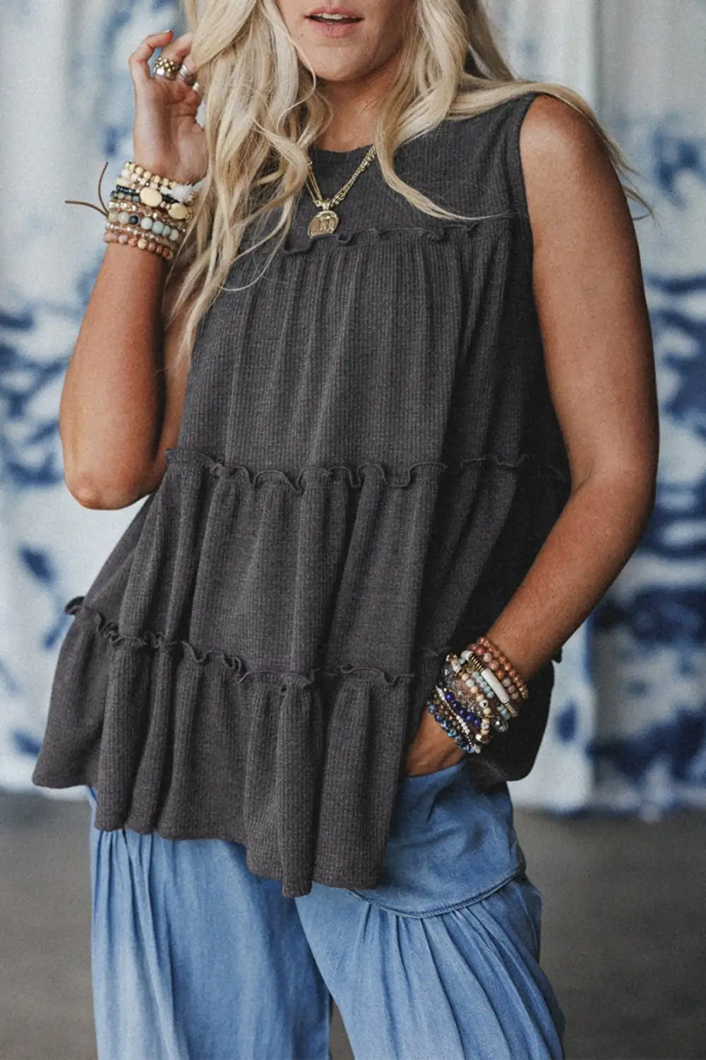 Dark Tiered Frill Trim A-line Tank Top