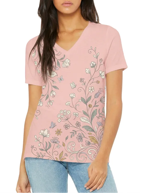 Women's Floral Butterfly Botanical Printed V-Neck T-Shirt