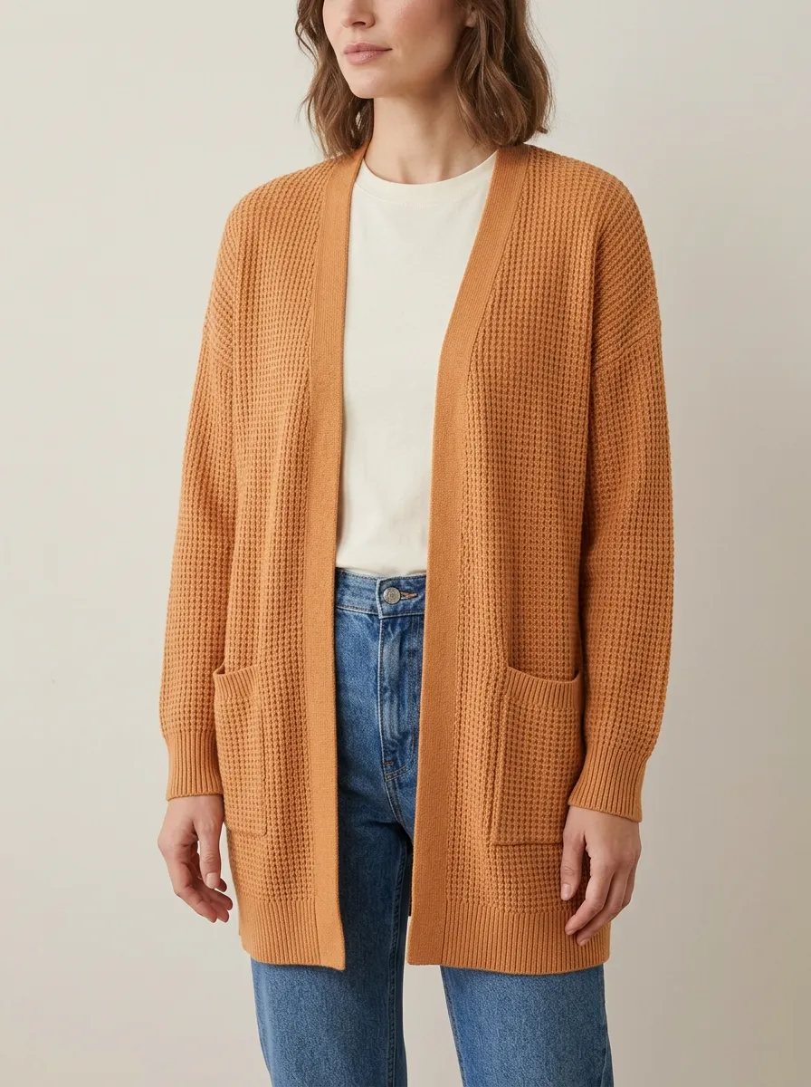 Rustic Waffle-Knit Knit Cardigan