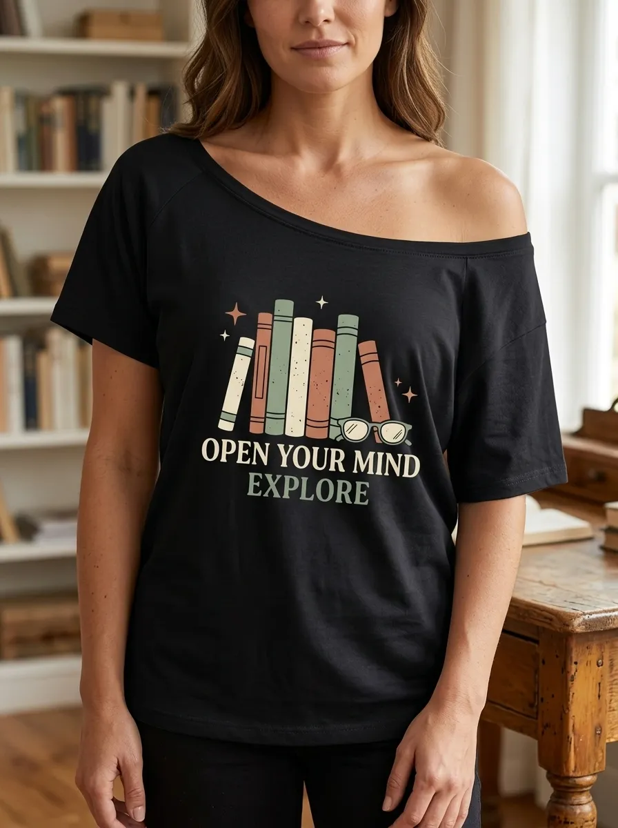 Women's Book Lover Open Your Mind Books Printed Off-Shoulder Top