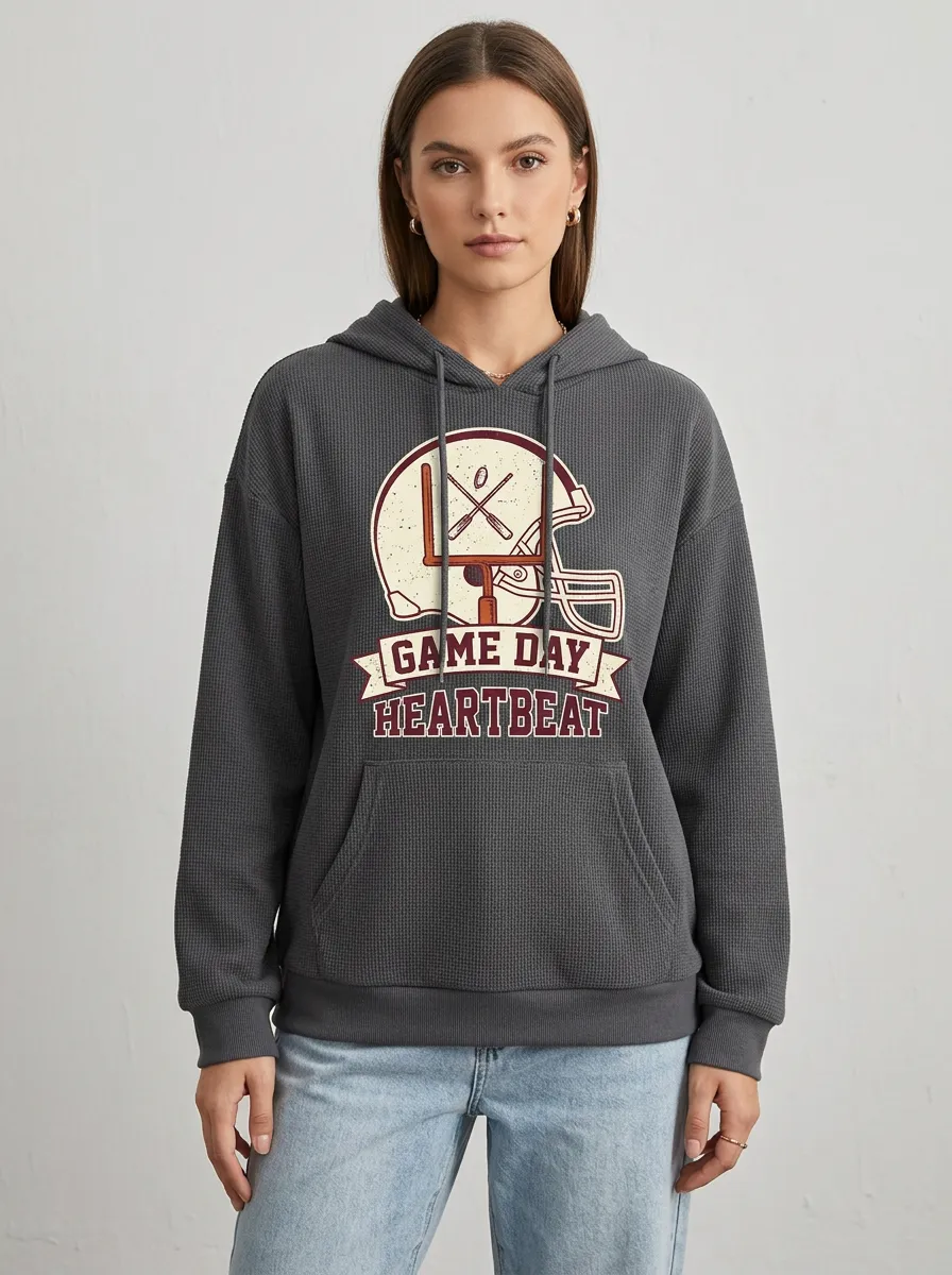 Women's Football Fan Game Day Heartbeat Helmet Graphic Waffle Hoodie