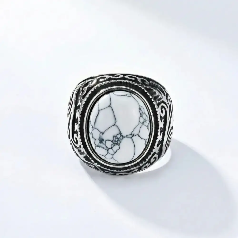 Men's Vintage Scrollwork Howlite Signet Ring