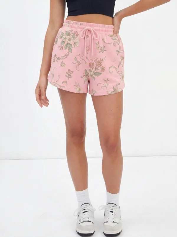 Women's Vintage Floral Botanical Printed Tonal Drawstring Sweat Shorts