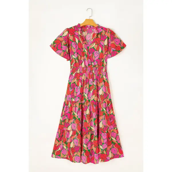 Frill Notched Short Sleeve Midi Dress