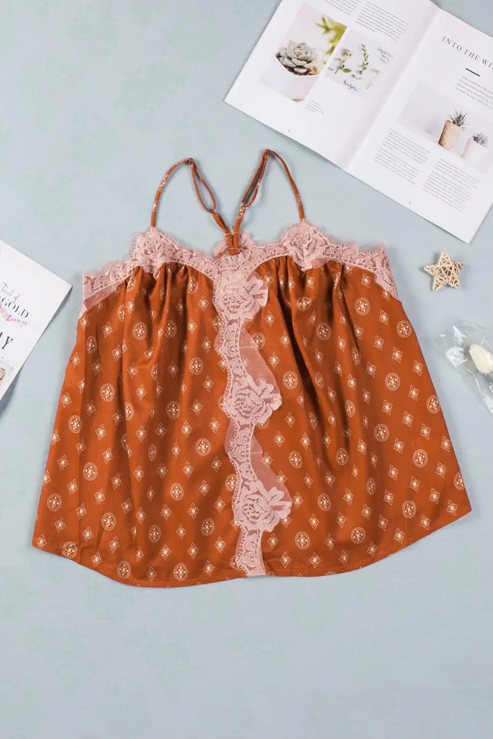 Boho Printed Lace Neckline Flowy Tank Top