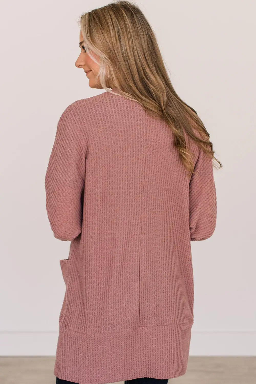 Solid Waffle Knit Pocketed Cardigan