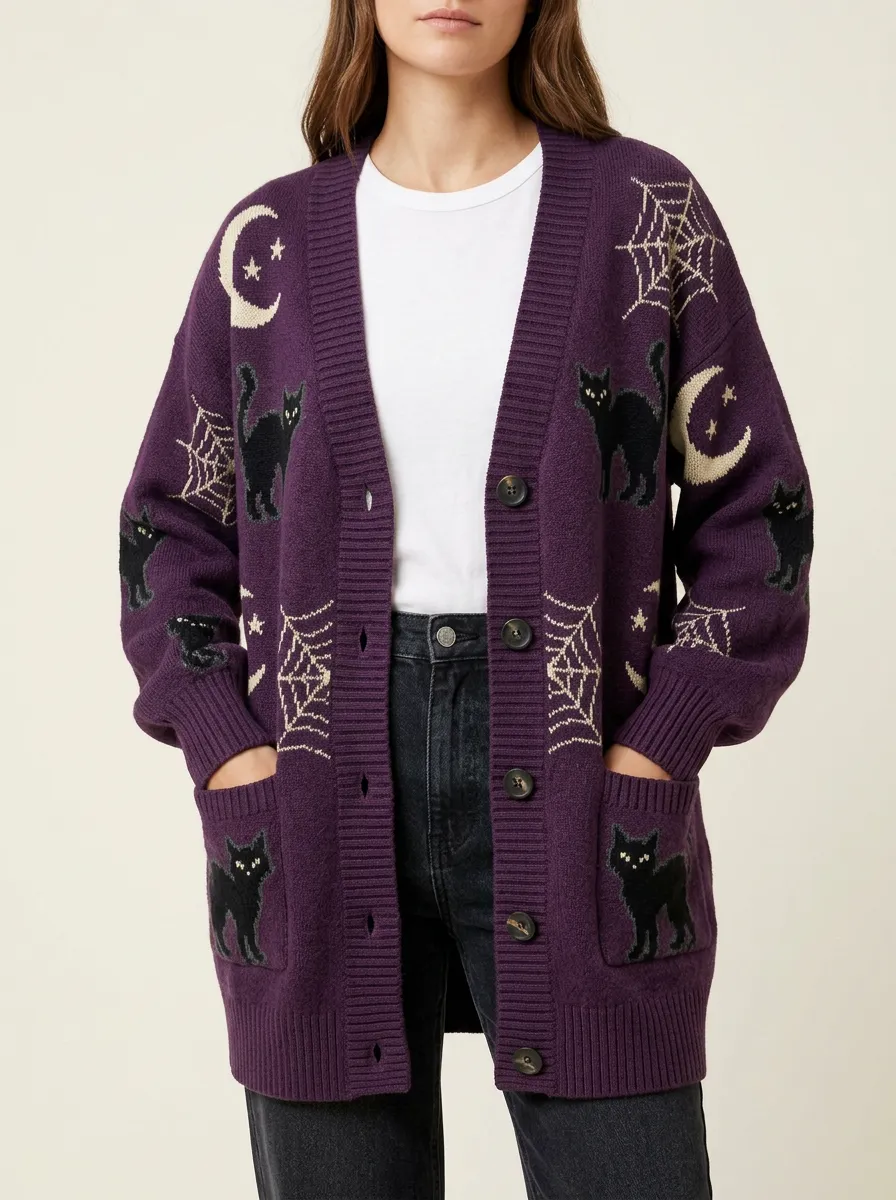 Women's Halloween Black Cat Moon Spiderweb Printed Cardigan