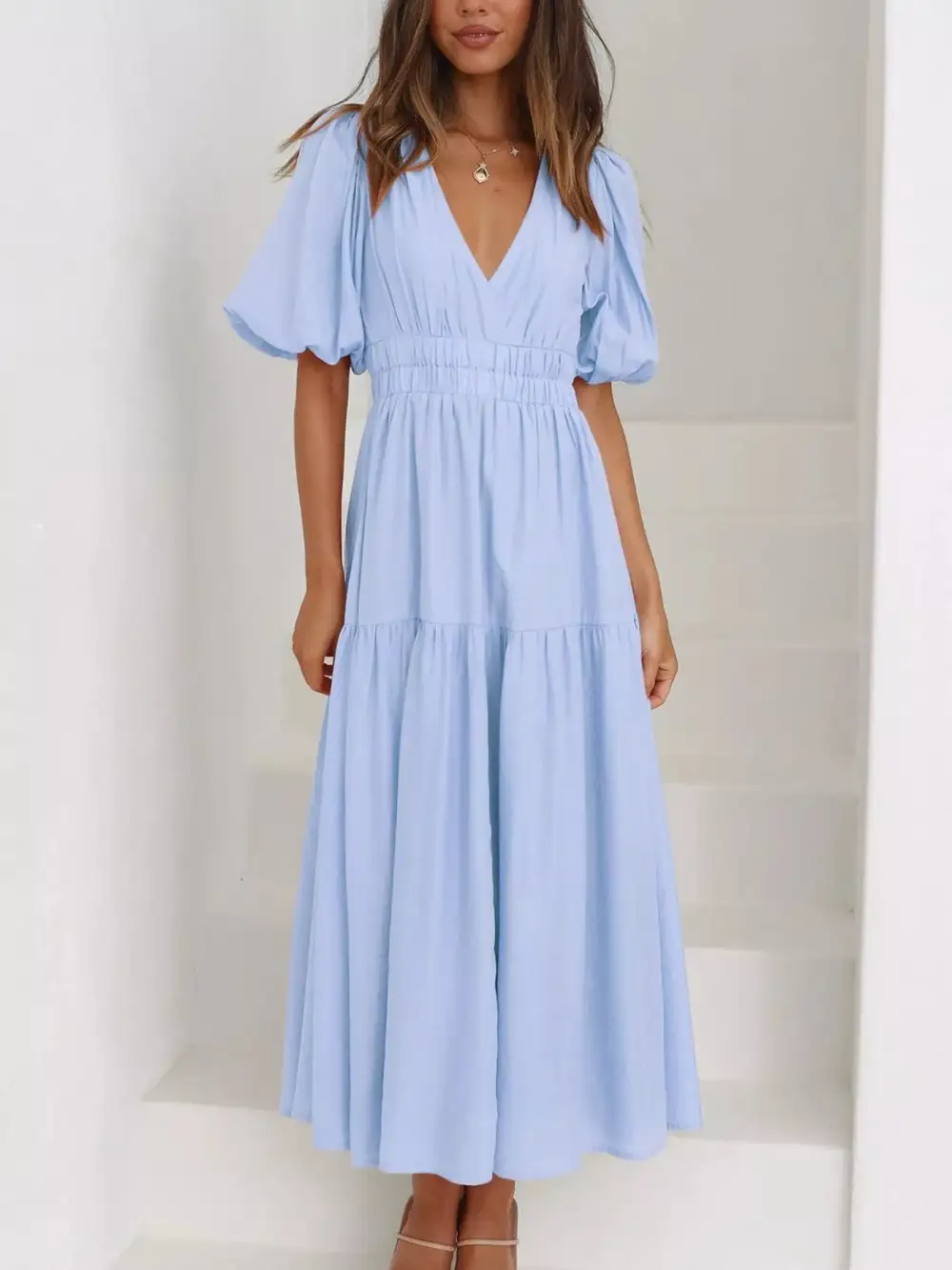 V Neck Puff Sleeve Midi Dress