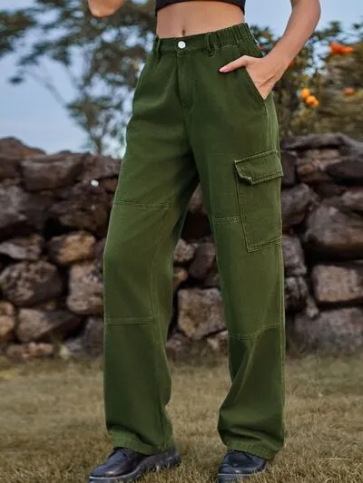 High Waist Cargo Straight Denim Jeans