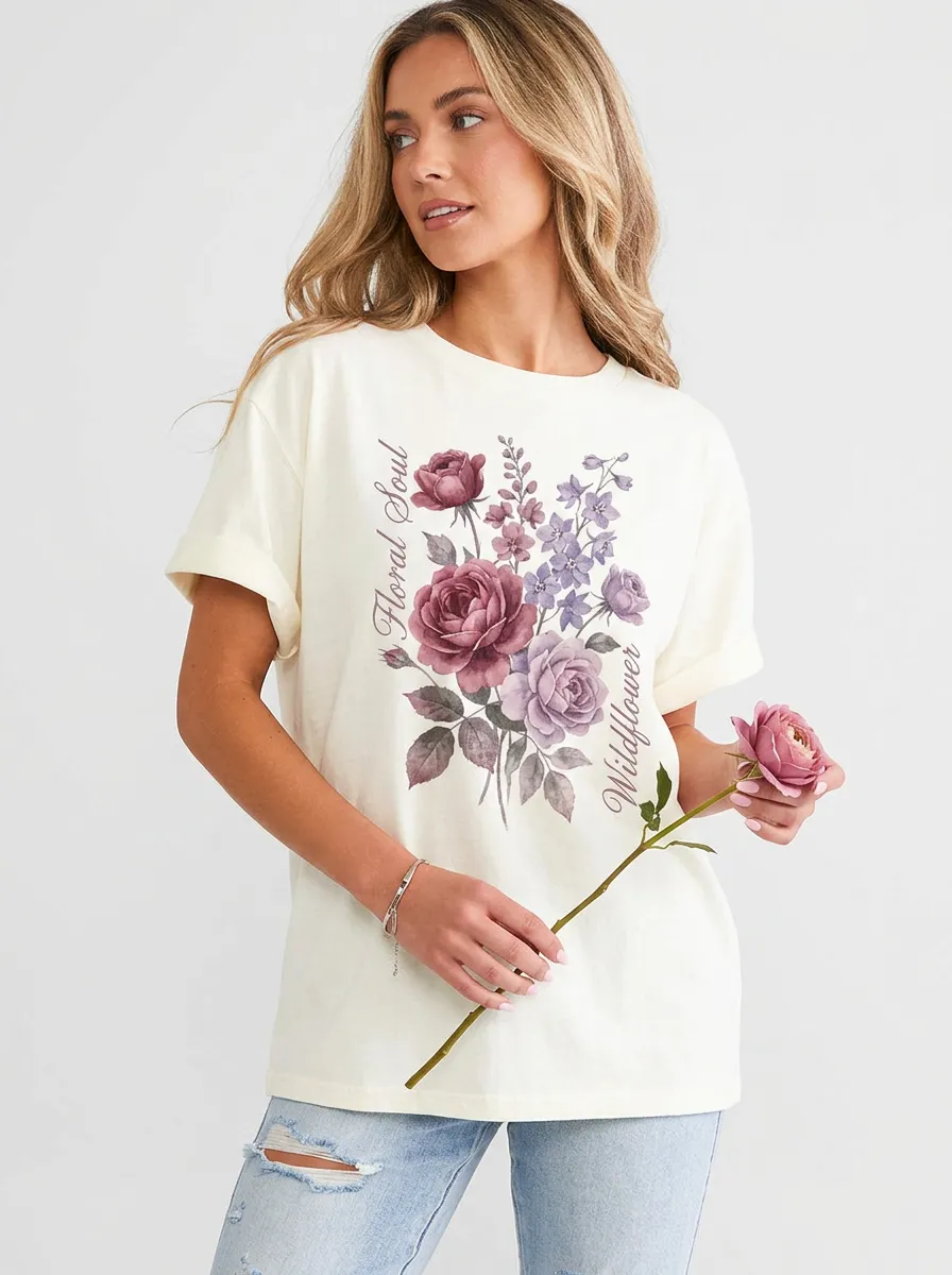 Women's Floral Soul Wildflower Rose Bouquet Printed T-shirt