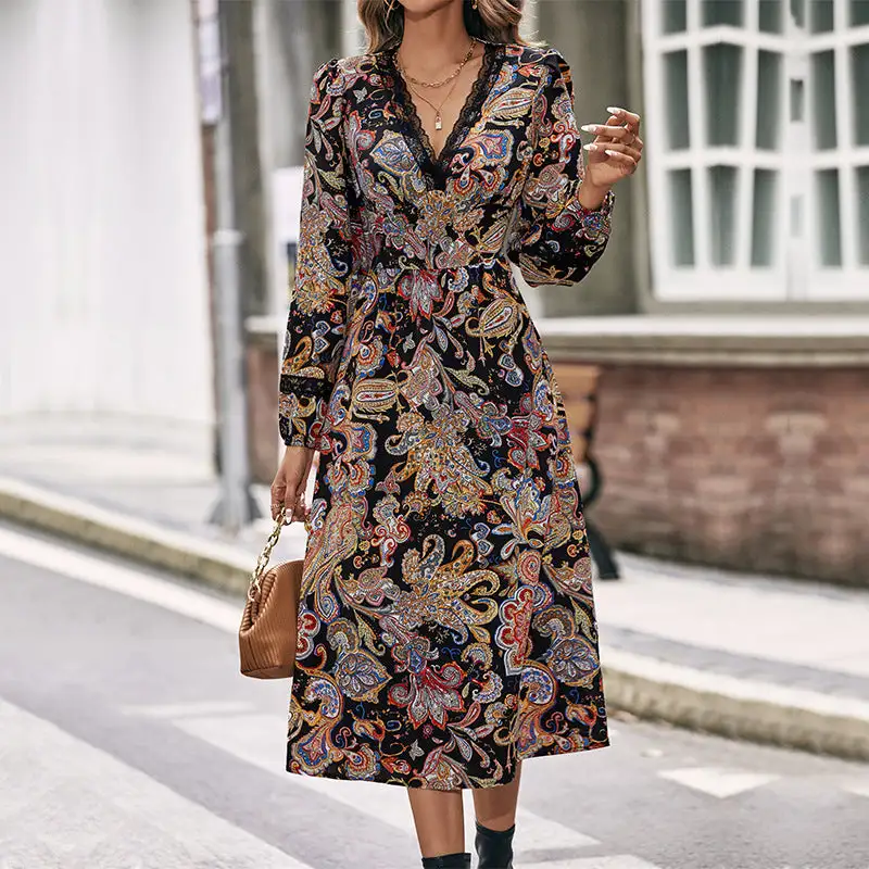 Women's V-Neck Long-Sleeve Paisley Maxi Dress