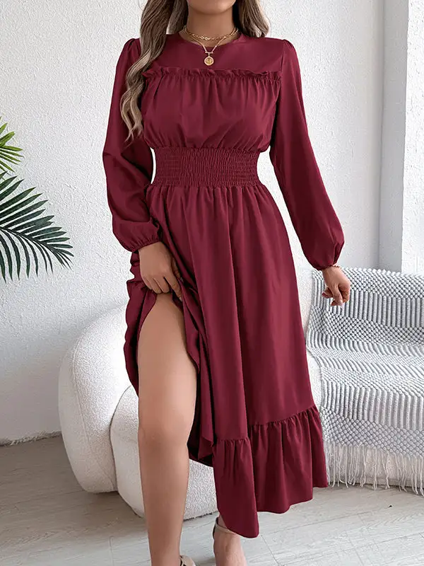 Elasticated Pleated Neck Maxi Dress