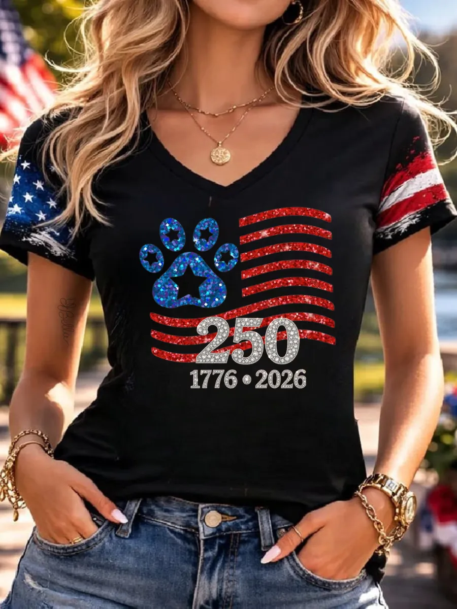 Women's Independence Day Paw Art Print V-neck T-Shirt