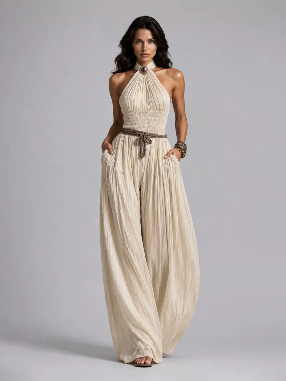 Taylor Pleated Halter-Neck Wide-Leg Jumpsuit
