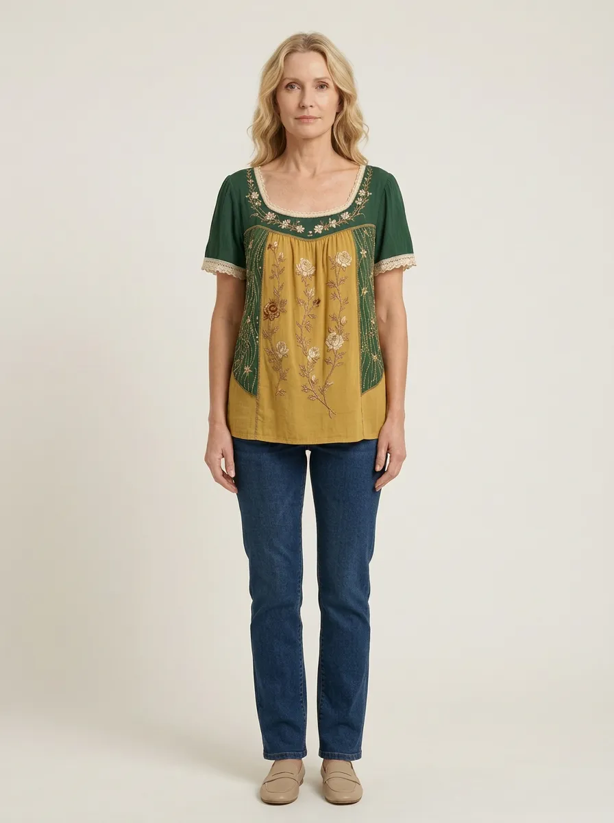 Women's Floral Bohemian Star Embroidered Printed Short Sleeve T-shirt