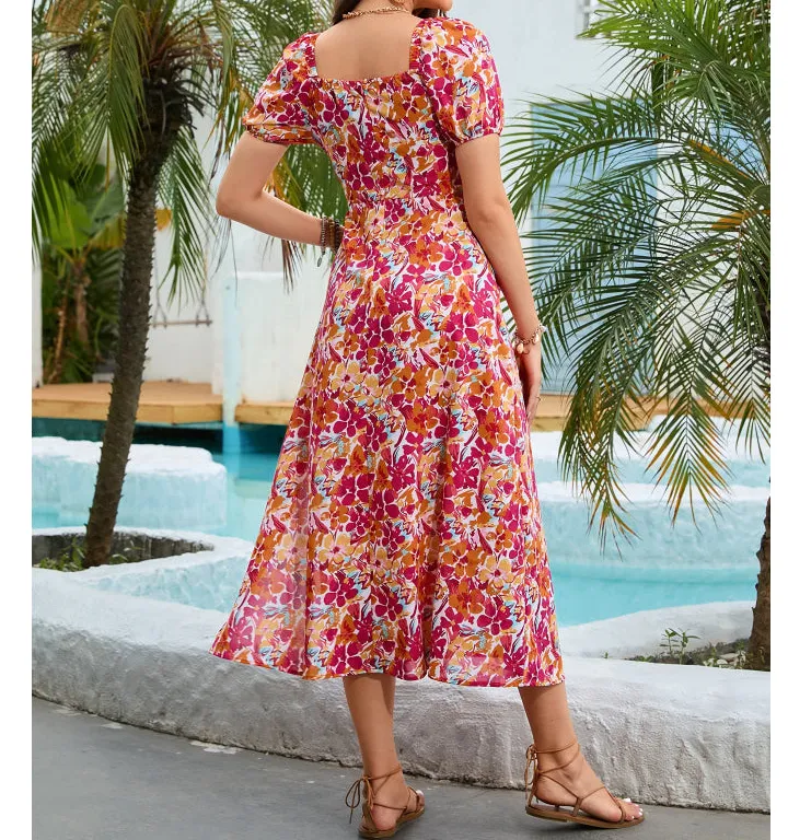 Square Neck Short Sleeve Midi Dress