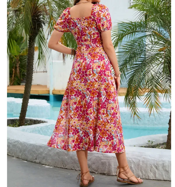 Square Neck Short Sleeve Midi Dress