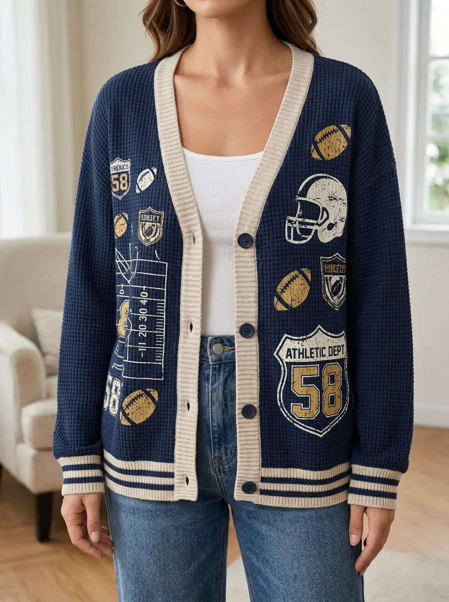 Women's Football Fan Athletic 58 Printed Waffle Knit Cardigan