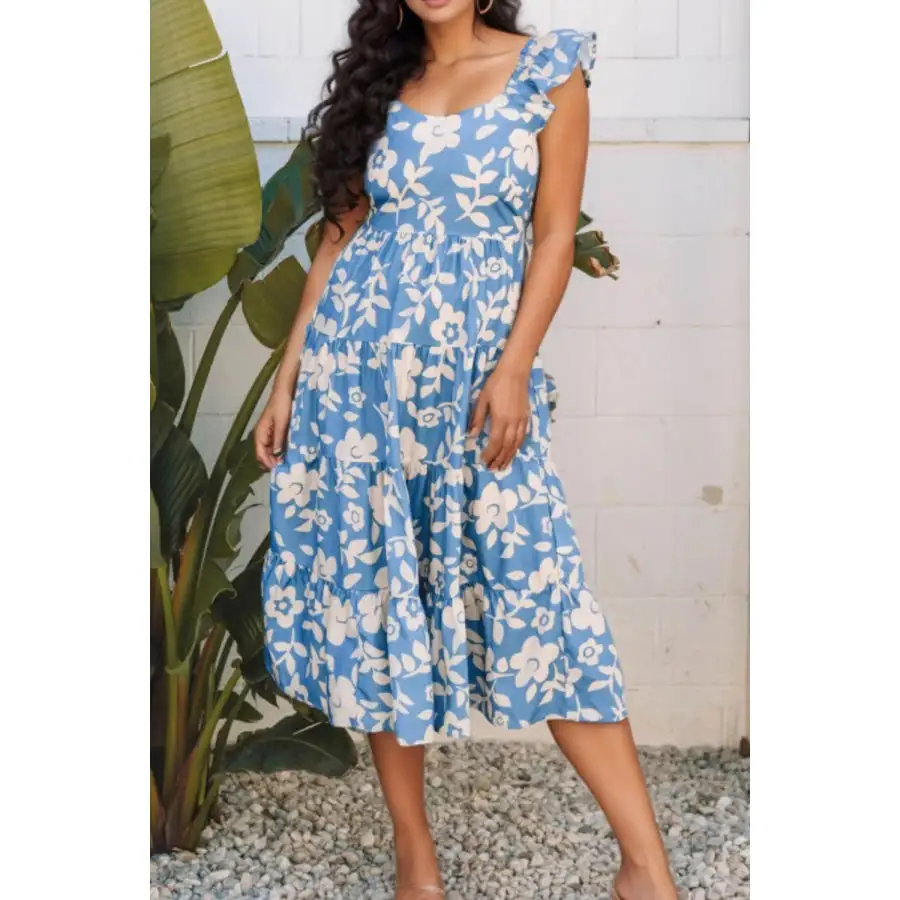 Flutter Shoulder Tiered Flowy Midi Dress
