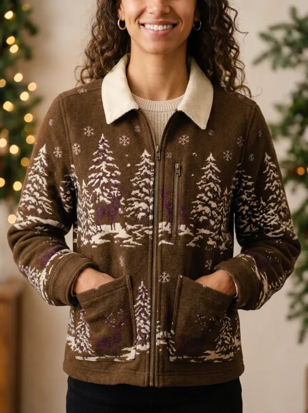 Christmas Deer Forest Print Zip-up Jacket