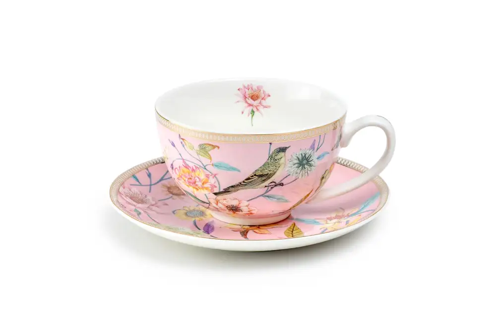 Spring Flowers Bird Latte Cup Saucer Porcelain Tea Cup And Saucer