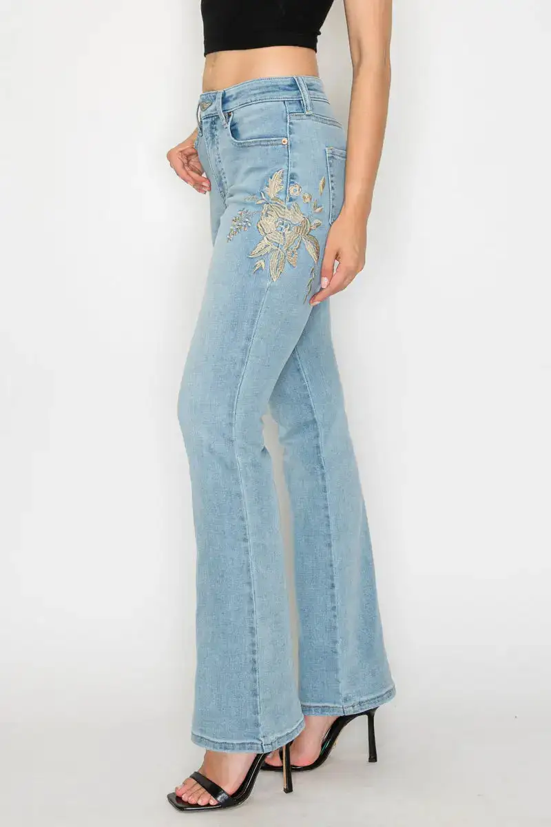 High Rise Embroidered Vintage Style Bootcut Denim Jeans