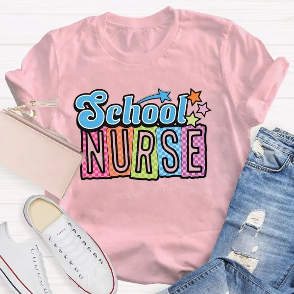 School Nurse Colorful Letters Graphics  Teacher T-Shirt