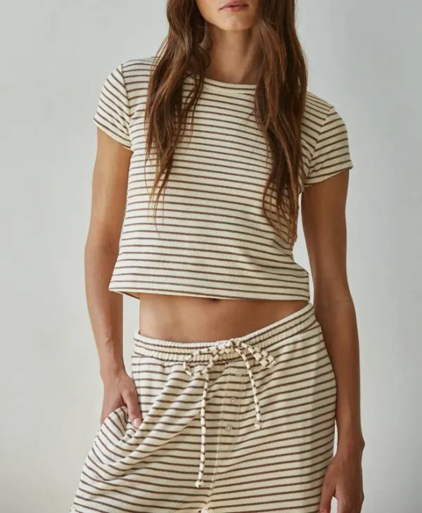 Cream Striped Cotton Blend Top