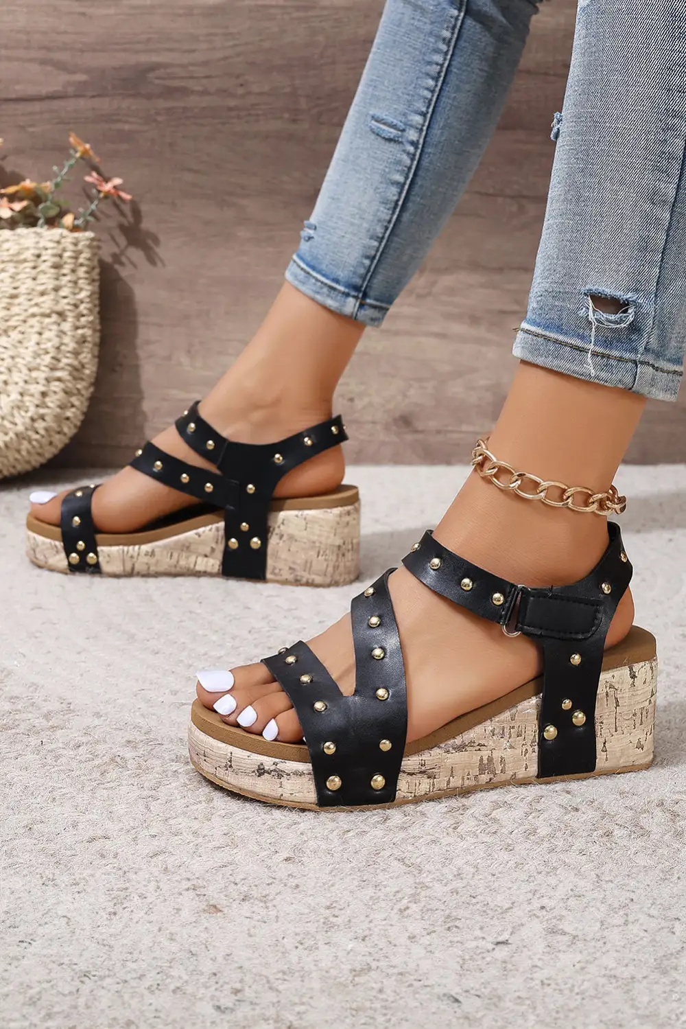 Cutout Leather Wedge Sandals