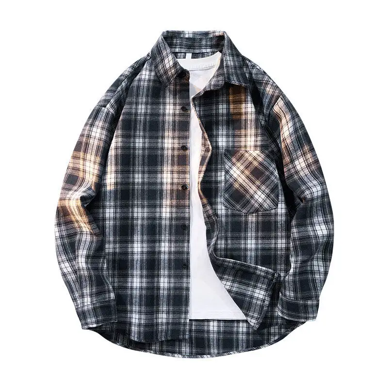 Men's Checkered Oversized Flannel Shirt With Patch Pocket Round Hem And Buttoned Front