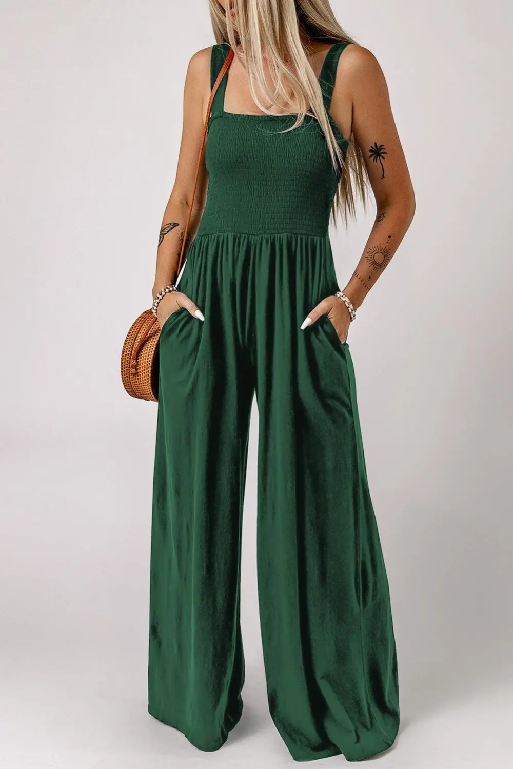 Smocked Square Neck Wide Leg Pockets Jumpsuit
