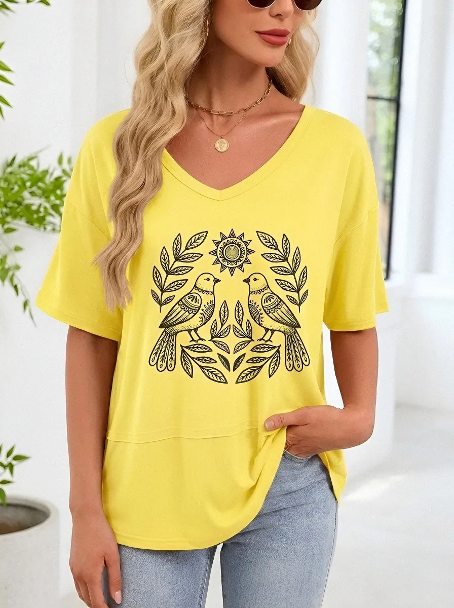 Women's Nature Lover Bird Sun Leaves Printed T-shirt