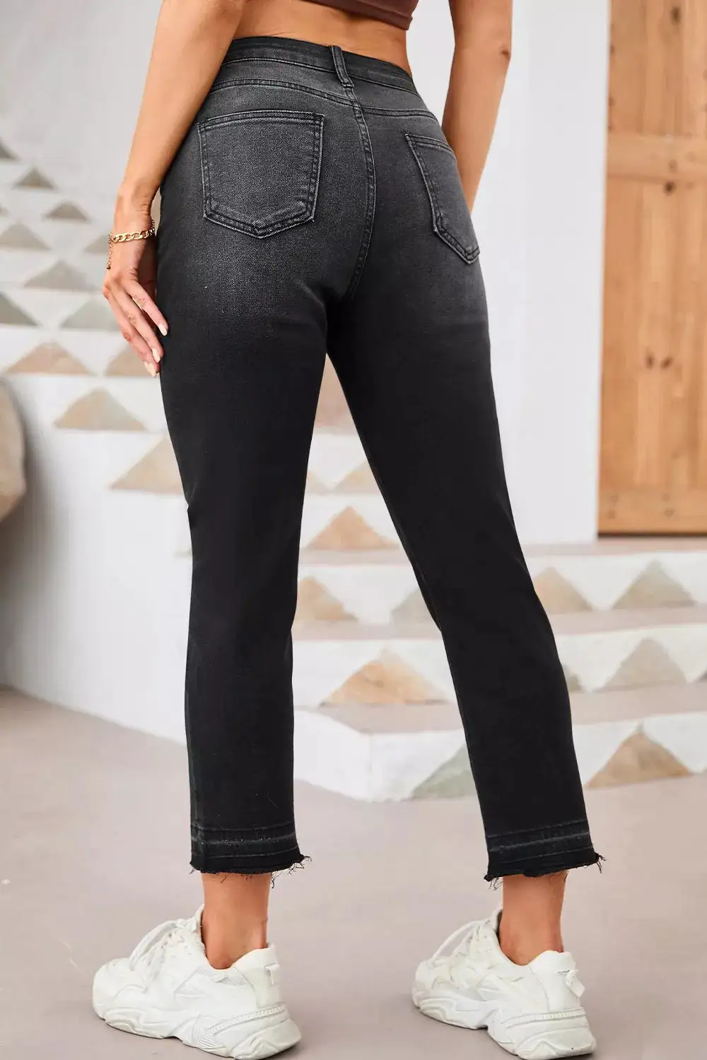High-Waisted Distressed Hem Straight Leg Jeans For Ladies