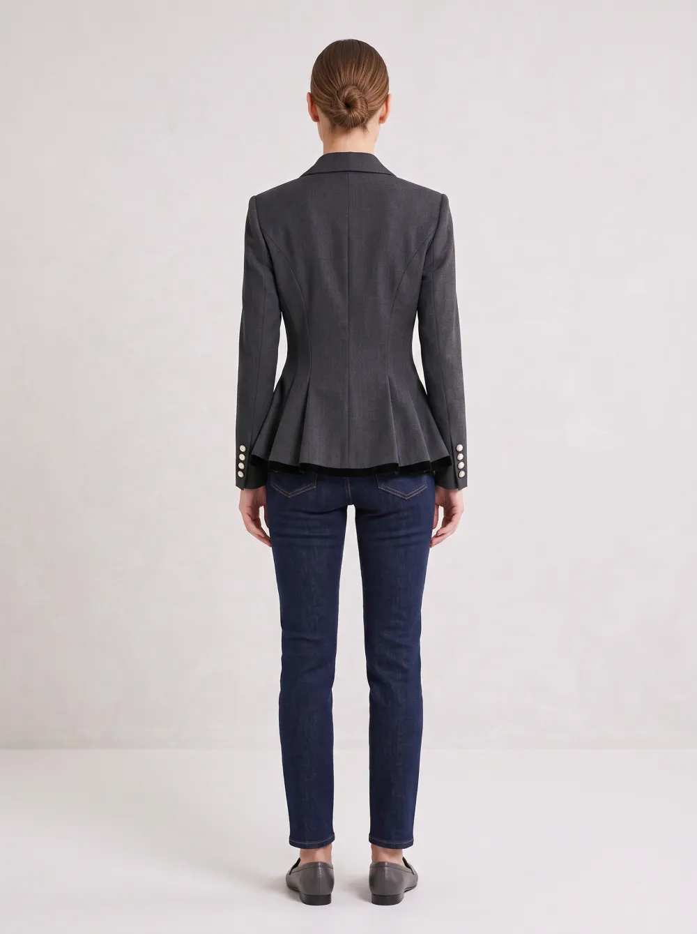 Women's Grey Peplum Pearl Button Tailored Blazer Jacket